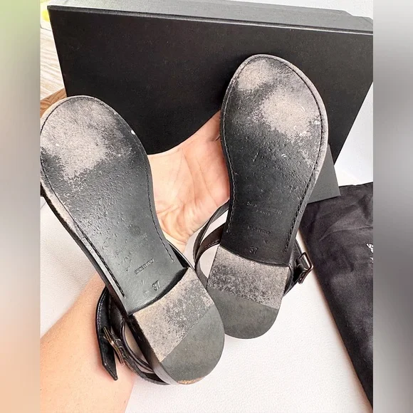 Saint Laurent Black Strappy YSL logo flat sandals black silver 37 + box - Picture 13 of 16